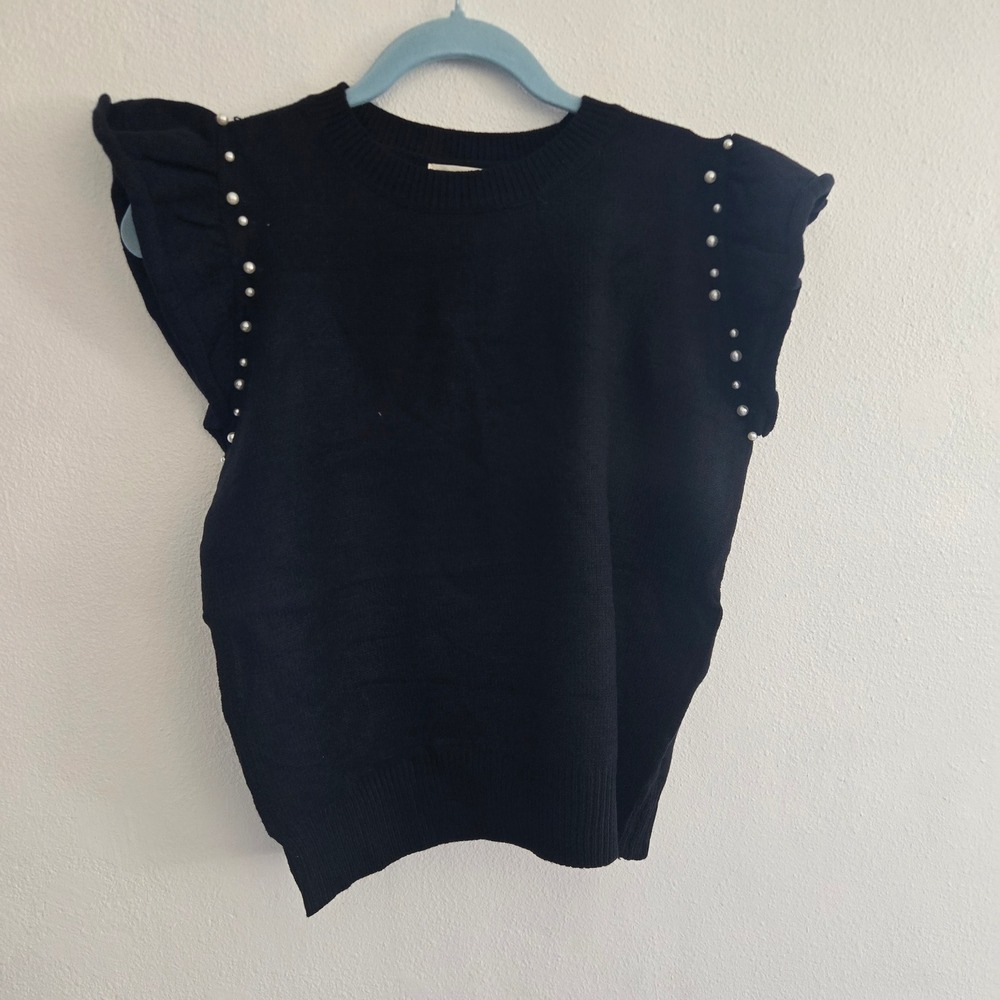 Mainstrip Black Ruffle Pearl Embellished Knit Short Sleeve Size Small NWT